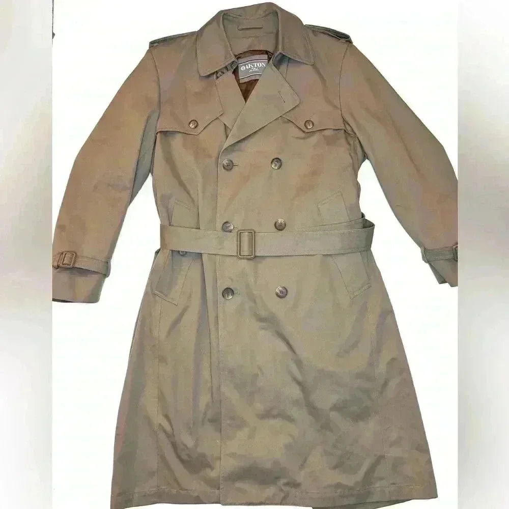 Oakton Ltd Mens Trench Coat Classic Zipout Liner Double Breast Belted Size 38 SH